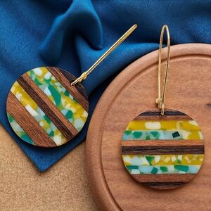 Handcrafted Wood & Resin Trendy Round Earrings With Golden Color Alloy Hooks